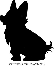 A black silhouette of cute Pembroke Welsh Corgi dog sitting. Side view. Cartoon vector illustration. 