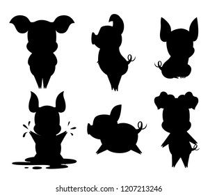 Black silhouette. Cute pig collection. Cartoon character design. Little pigs in different poses. Clean and mud. Flat vector illustration isolated on white background.