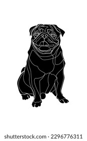 Schwarze Silhouette des süßen Pug-Hundes auf weißem Hintergrund. Grafische Zeichnung. Vektorgrafik.