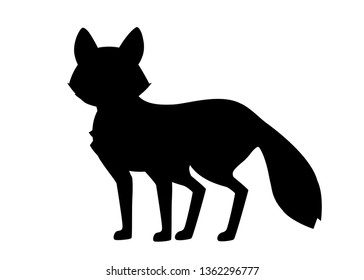 Black silhouette. Cute red fox is standing on four legs. Cartoon animal character design. Forest animal. Flat vector illustration isolated on white background.