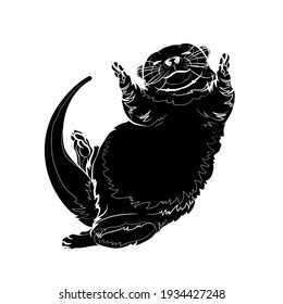 Black silhouette of cute sleeping otter on white background. Vector illustration.