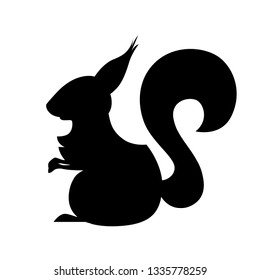Black silhouette. Cute squirrel. Family Sciuridae. Cartoon animal design. Flat vector illustration isolated on white background. Forest inhabitant. Wild animal with red fur.