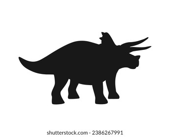 Black silhouette of cute triceratops with horns. Funny prehistoric dinosaur. Hand drawn vector illustration isolated on white background, flat style.