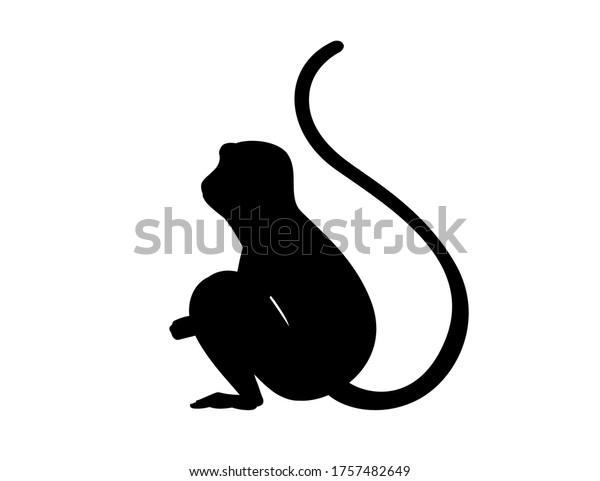 白い背景に黒いシルエットのかわいいベルベット猿の漫画の動物デザイン平面ベクターイラスト のベクター画像素材 ロイヤリティフリー