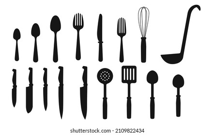 Black silhouette cutlery set with kitchen knives spoons forks vector illustration on white background