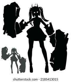 Black Silhouette Of A Cyborg Girl With Huge Prosthetic Hands The Size Of A Man, She Has Long Legs And Pigtails, As Well As Horns, 2d Anime Art