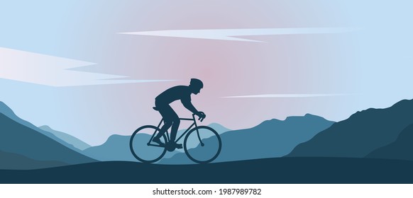 Silueta negra de un ciclista sobre un fondo de montañas y amanecer rosa.  Un hombre en bicicleta con un casco viaja sobre un fondo de montañas.  Recreación.  Hermoso paisaje.  Vector plano