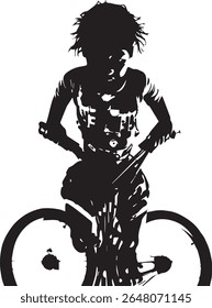 A black silhouette of a cyclist on a bicycle is featured against a stark white background, high contrast image