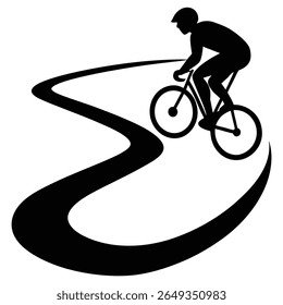 Uma silhueta preta de um ciclista usando um capacete monta uma bicicleta em uma estrada sinuosa contra um fundo branco.