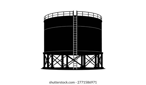 a black silhouette of a cylindrical storage tank with a ladder and railings, set against a white background. high-quality professional detailed modern elegant stylish
