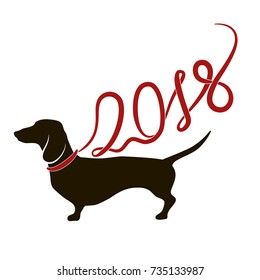 Black silhouette of dachshund with red lead (ribbon) in shape of 2018, dog as symbol of year. Vector illustration, logo, icon, isolated on white background