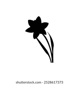 Black silhouette of a daffodil flower with a stem and petals in simple, minimalist style on white background.