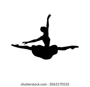 Black silhouette of dancing ballerina in dance movement. Girl dancer ballet in pointe shoes and tutu. Logo, sticker or stencil, vector illustration isolated on a white.