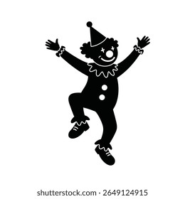 A black silhouette of a dancing clown figure against a white background The clown wears a party hat and has a simple design.
