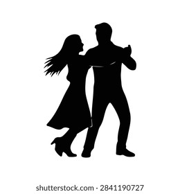Black silhouette of a dancing couple captured mid-move, emphasizing grace, rhythm, and connection in a lively dance scene.