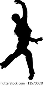 a black silhouette of dancing youth is in the pose of dance