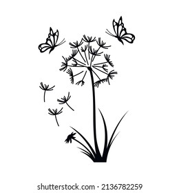 Black silhouette of dandelion with butterflies. Summer floral scene. Isolated spring landscape. Flying seeds. Vector illustration