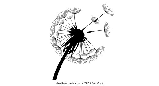 Black silhouette of a dandelion flower with seeds blowing in the wind Vector, illustration