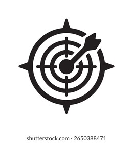 Black silhouette of a dart hitting the bullseye of a target with compass points