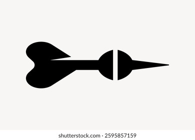 Black silhouette of a dart with a pointed tip and heart-shaped tail. Simple dart design, dart silhouette, dart icon on a light background. Minimal shape vector.