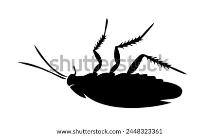 Black silhouette of dead cockroach lying on its back on white background. Vector illustration. Good for pest control service ads, hygiene educational content, product labels for insecticides.