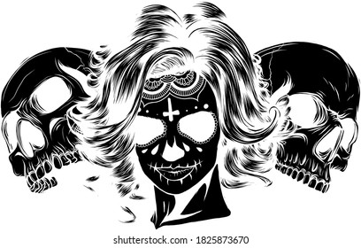 black silhouette Dead girl with two sugar skulls. vector - Shutterstock ID 1825873670