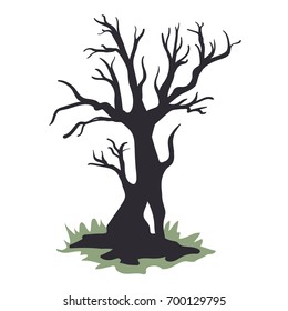 Black silhouette of a dead tree without foliage. Vector illustration, isolated on white background.