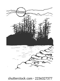 Black silhouette dead trees illustration  Rough pencil shading sketch effect drawing island and dead tree  lake sea  rocky surface    moon vector illustration 