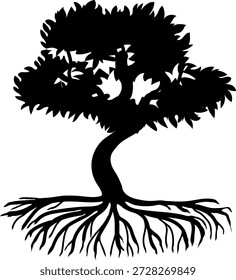 Silueta negra del árbol caducifolio con el sistema de la raíz aislado en el fondo blanco