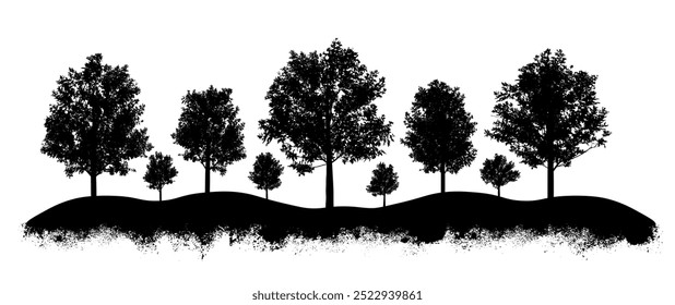 Silueta negra de árboles caducifolios en colinas, al aire libre. Ilustración vectorial