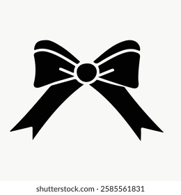 Black silhouette of a decorative bow with ribbon tails. Elegant bow design, perfect for gift wrapping or decoration. Simple bow illustration on a white background. Vector isolated on white.