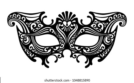 Black silhouette of a decorative carnival Venetian mask isolated on white. Vector illustration