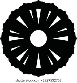 A black silhouette of a decorative circular mandala pattern, featuring radial symmetry and intricate details, isolated on a white background.