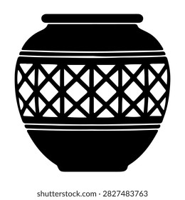 Black silhouette of a decorative pot featuring detailed geometric patterns, highlighting craftsmanship and cultural artistry.