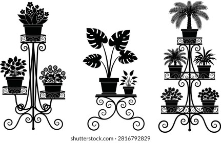 Black silhouette decorative wrought iron plant stands with potted tropical houseplants, elegant vintage garden furniture rack collection isolated on white background for interior and outdoor design