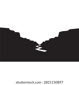 Black silhouette of a deep canyon with steep rocky walls and a winding river path on a white background, for use