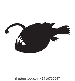 Schwarze Silhouette Tiefseefische angler Tierkörper, märchenhafte Halloween Charakter. Creepy Schatten Umriss der nächtlichen Fisch-Angler-Schrecken. Einfache, schwarz-weiße Vektorgrafik einzeln auf weißem Hintergrund