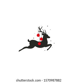 Black silhouette of deer with antlers and red christmas tree toy balls on horns. vector flat icon isolated on white background. Christmas card