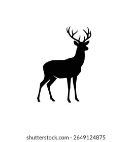 Uma silhueta preta de um veado com chifres está sobre um fundo branco A imagem é um gráfico vetorial com um estilo minimalista simples