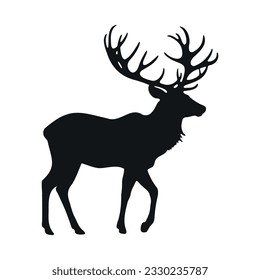 Black silhouette of a deer. Big horns wild animal. Simple black silhouette graphic. Cartoon style. Vector illustration on white isolated background.