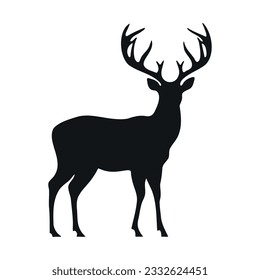 Black silhouette of a deer. Big horns wild animal. Simple black silhouette graphic. Cartoon style. Vector illustration on white isolated background.