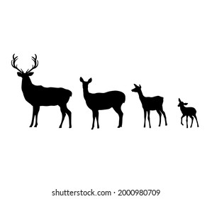 Black silhouette of the deer family is father, mama and baby. Vector illustration isolated on white background