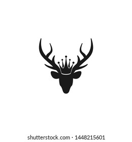 Black  silhouette of deer head with antlers and royal crown. Monarchy, coat of arms sign. vector flat icon isolated on white background. Magic, fairy tale symbol.