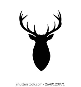 Black silhouette of a deer head with antlers against a white background simple vector graphic