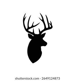 Black silhouette of a deer head with antlers against a white background simple vector graphic