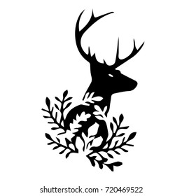 Black silhouette of deer head, on white background. vector