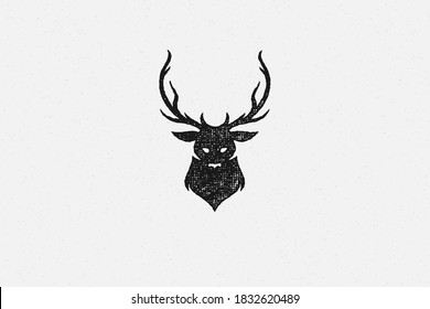 Black silhouette deer head trophy as symbol hunting hand drawn stamp effect vector illustration. Vintage grunge texture on old paper for poster or label decoration.