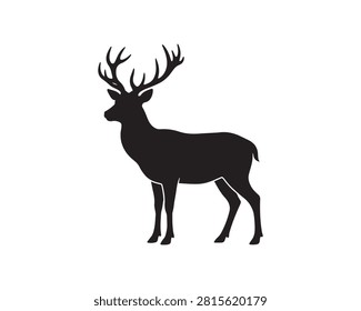 Black silhouette deer with large antlers standing alone. Minimalist wildlife vector illustration for design and branding projects.