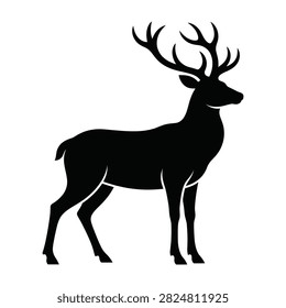 Black silhouette of a deer with large antlers standing alone in profile view