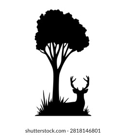 Black silhouette of a deer lying under a large tree with grass, set against a white background, emphasizing tranquility and natural wildlife habitat.